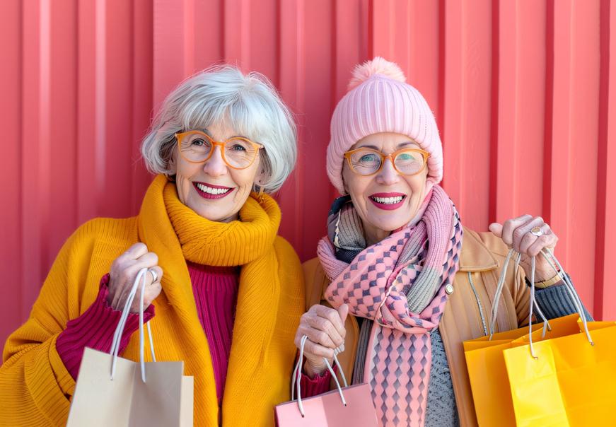 Two senior women holding shopping bags smiling