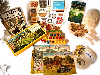 A collection of nostalgic and engaging activities for seniors, including puzzles, memory games, books, and sensory items designed to promote cognitive stimulation and reminiscence.