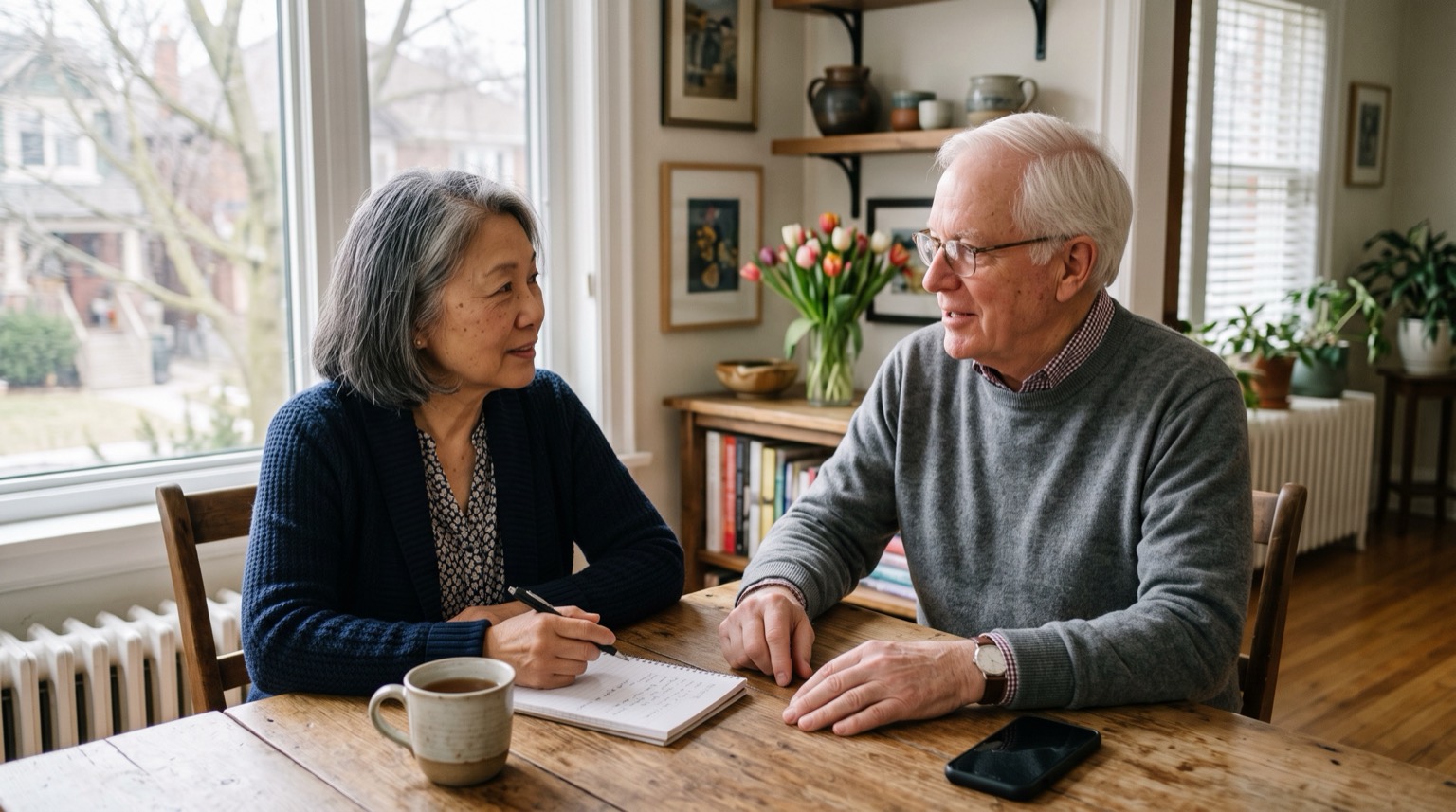 A senior couple sit at their kitchen table with a notepad and tea, talking through home care plans before a crisis
