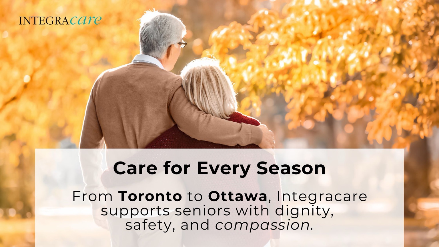 Senior couple walking together in an autumn park, representing dignified, seasonal care from Toronto to Ottawa – Integracare.