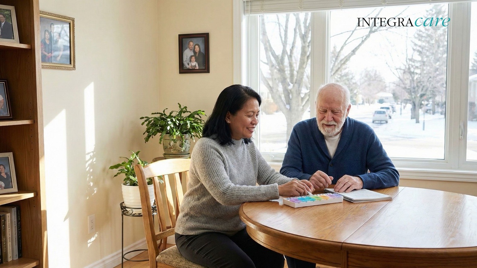 Caregiver and older adult sharing a warm conversation at a kitchen table, illustrating personalized home care and relationship-focused senior support.