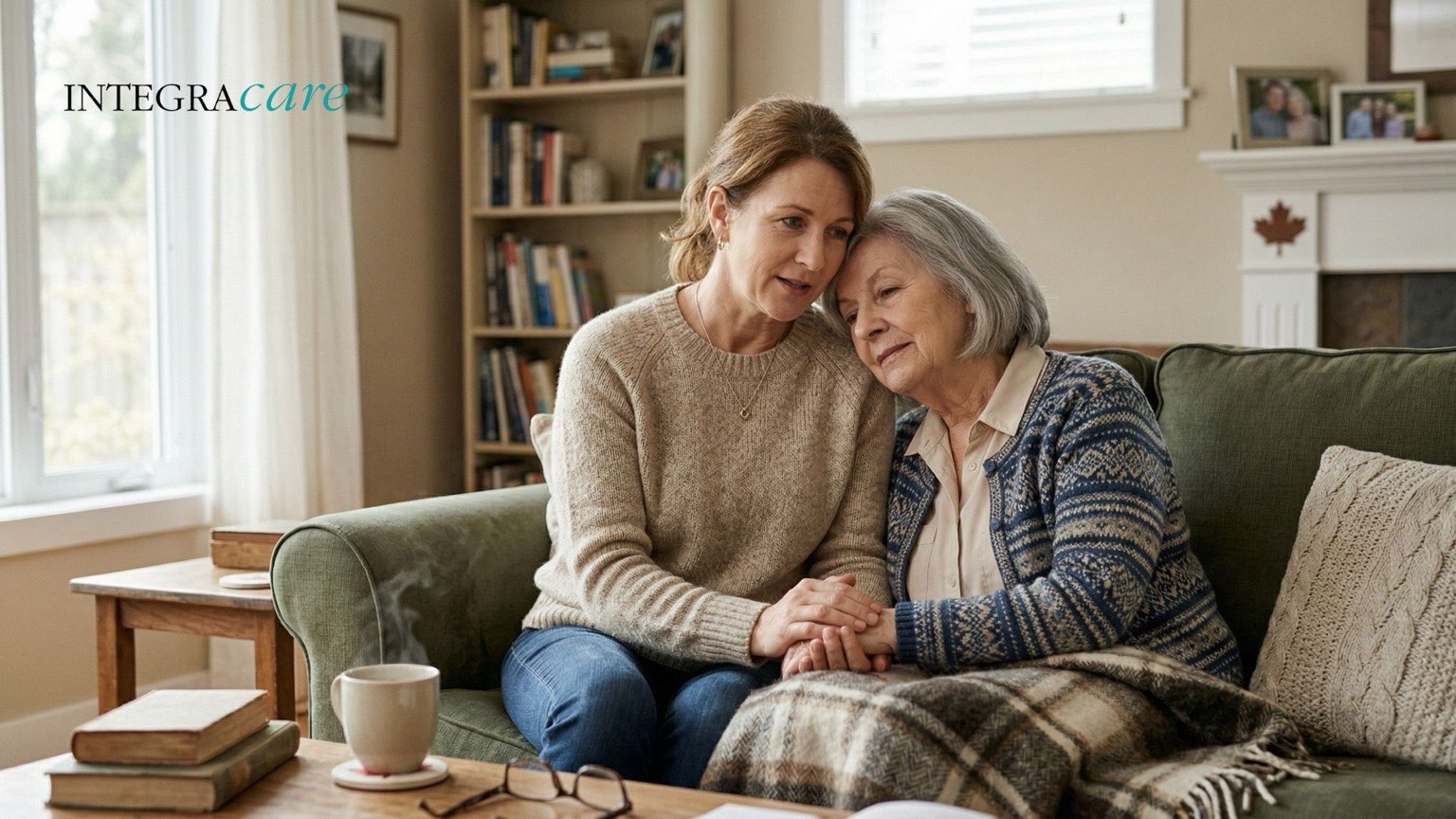 Adult daughter comforting her elderly mother on a couch in a cozy living room, illustrating emotional support and compassionate in-home senior care services in Canada