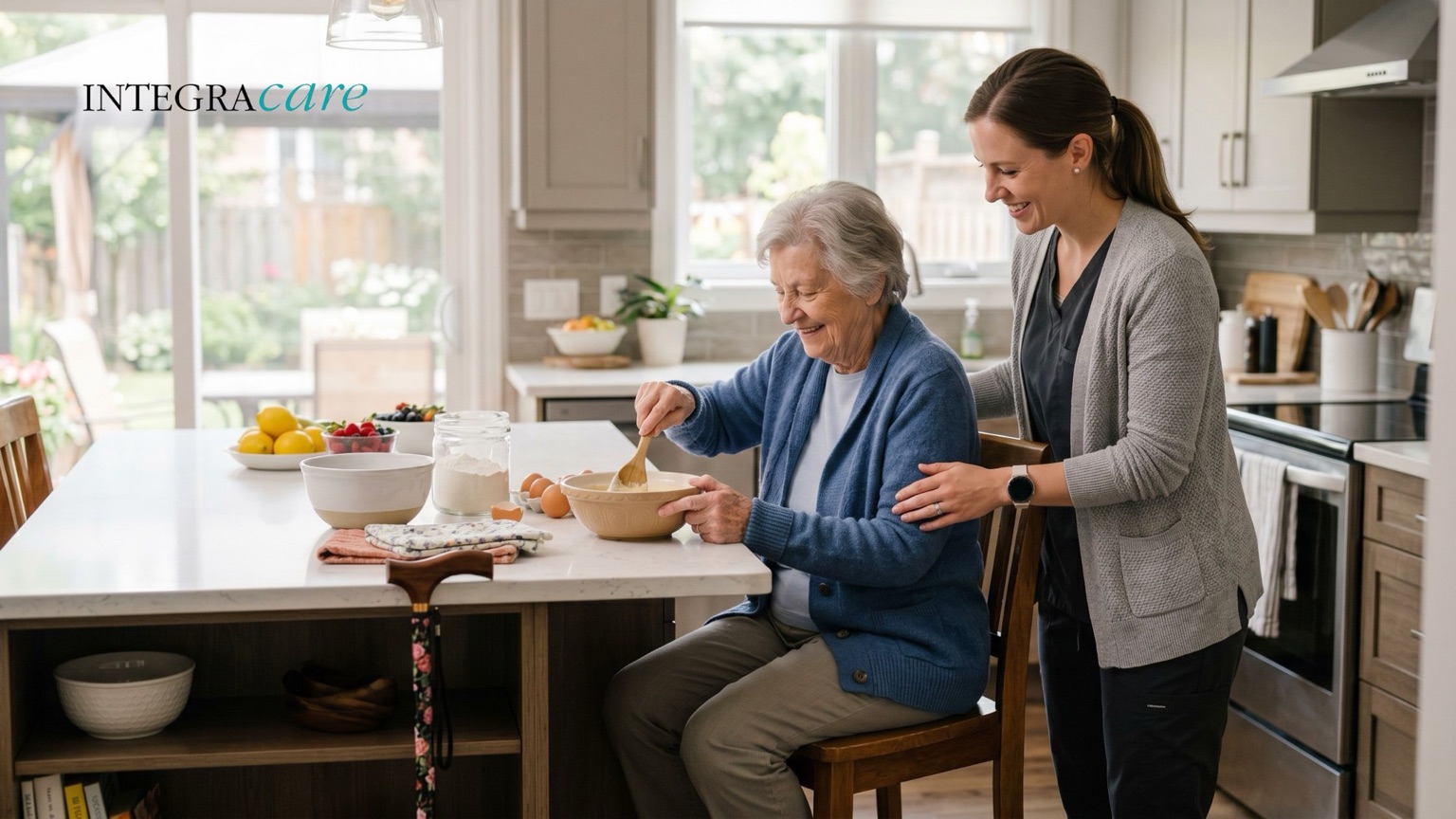 Professional caregiver assisting an elderly woman while baking in a bright kitchen, illustrating hands-on in-home senior care support and daily living assistance in Canada