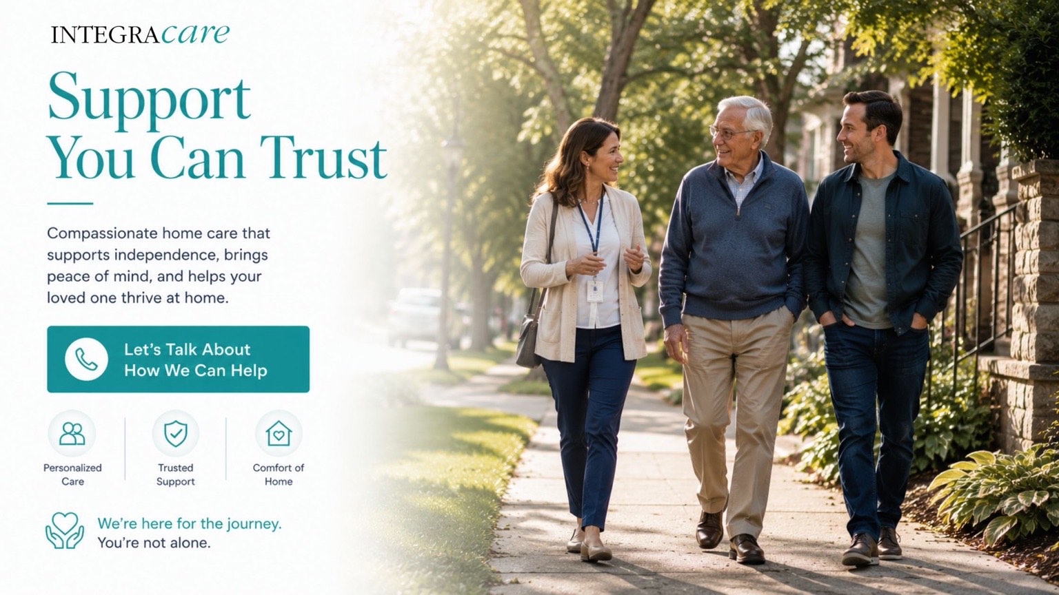 Professional home care nurse walking alongside an older adult and family member in an Ottawa neighbourhood, representing trusted dementia care, personalized home support, and compassionate guidance for families.

