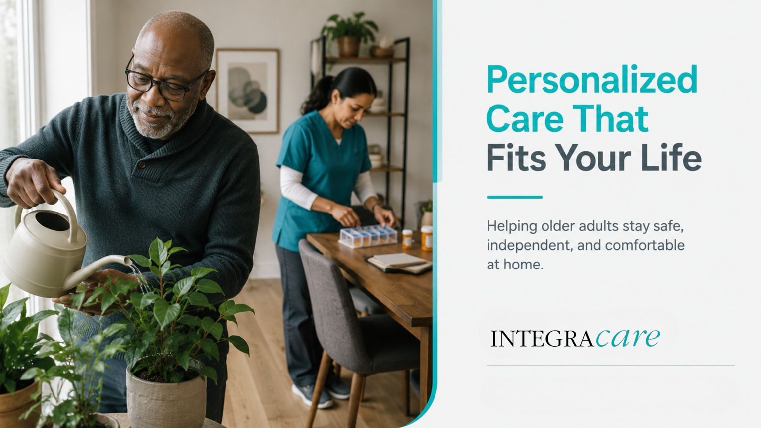 Older adult watering indoor plants while a home care professional prepares medications, highlighting personalized in-home care services