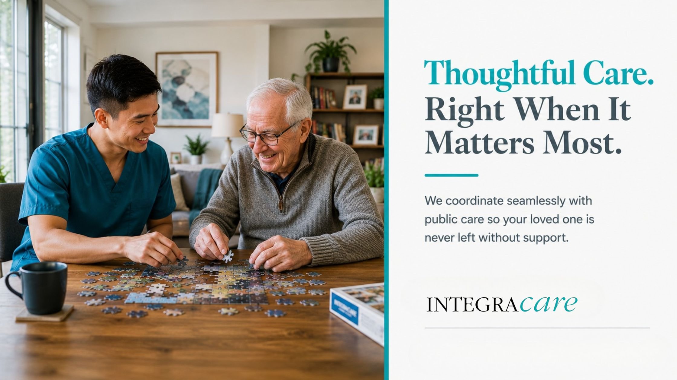 Home care nurse and older adult working on a jigsaw puzzle together to promote personalized in-home care and meaningful daily activities