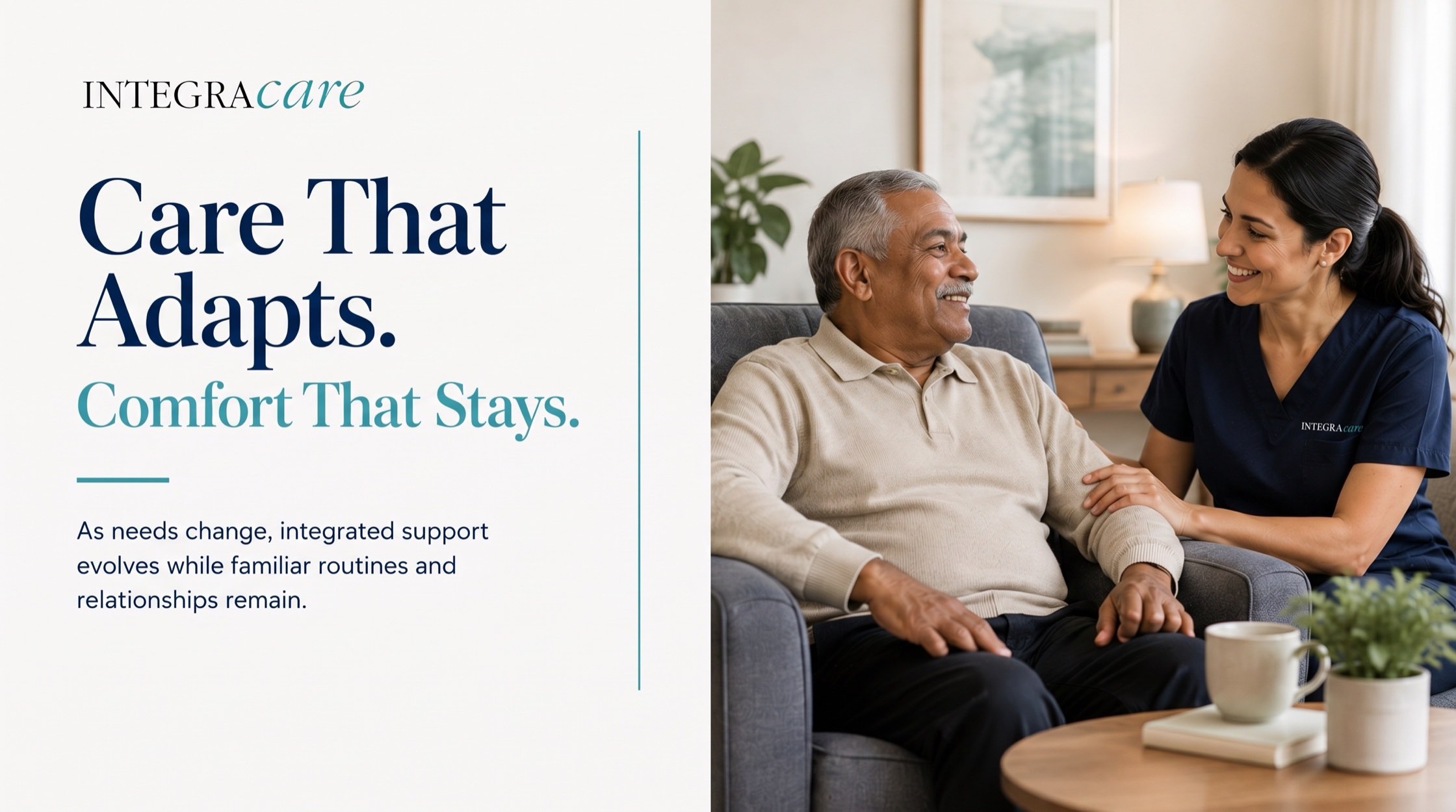 Senior man smiling with a home care professional in his living room, representing personalized integrated home care that adapts as a senior’s needs change