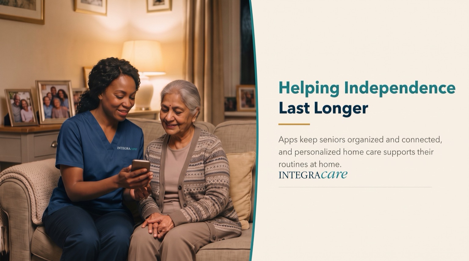 A caregiver in navy scrubs shows a smartphone to an older woman on a sofa beside the heading Helping Independence Last Longer