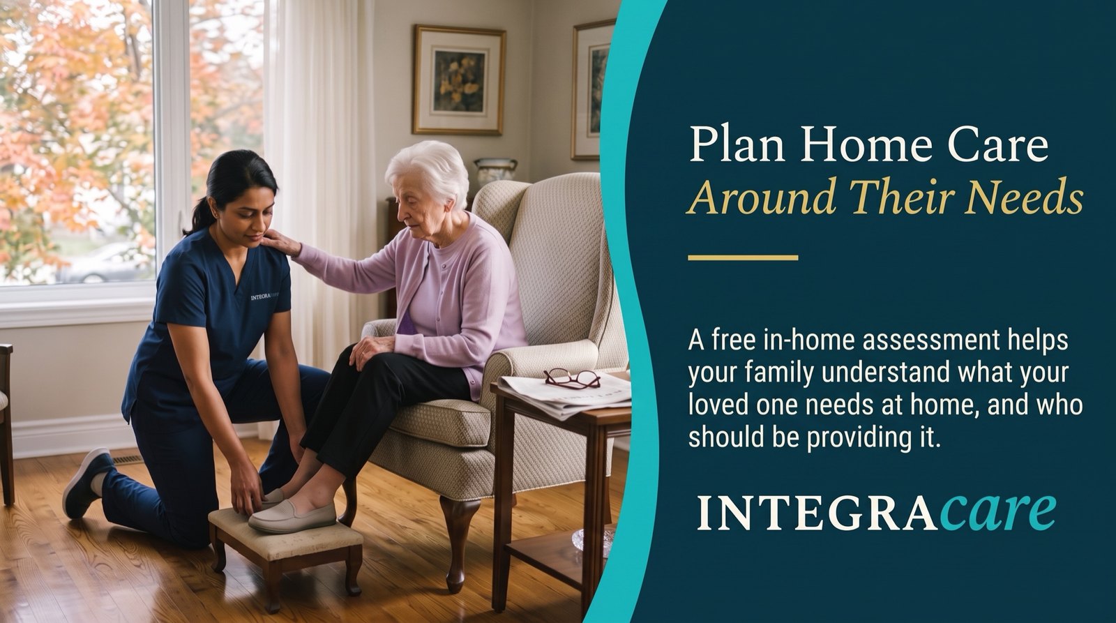 An Integracare caregiver in a navy Integracare scrub top kneels to help an older woman with her shoes in a bright Ottawa sitting room, beside the message Plan Home Care Around Their Needs.