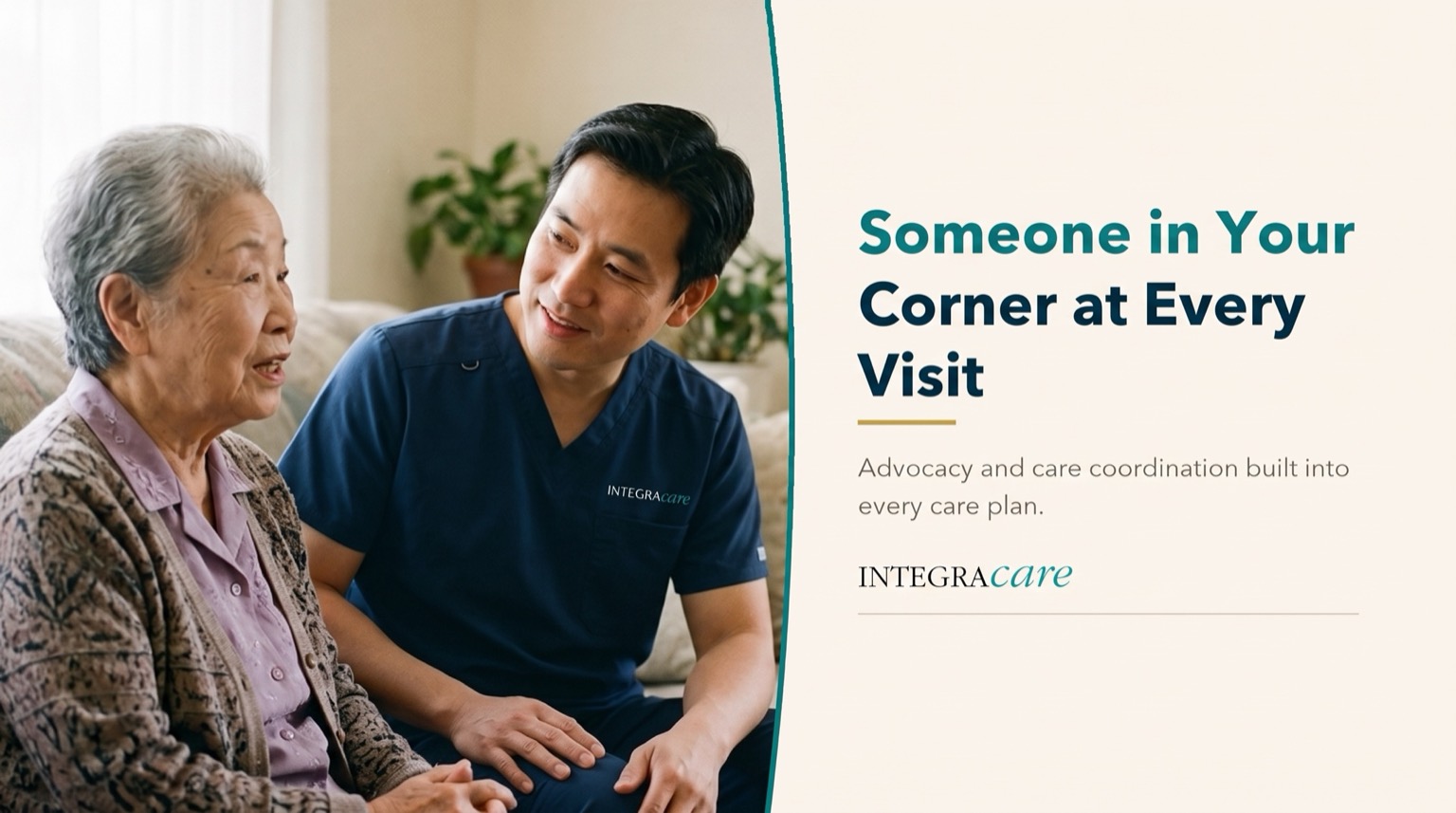 Caregiver in navy scrubs sits beside a smiling senior woman on a sofa, beside the message that Integracare puts someone in your corner at every visit