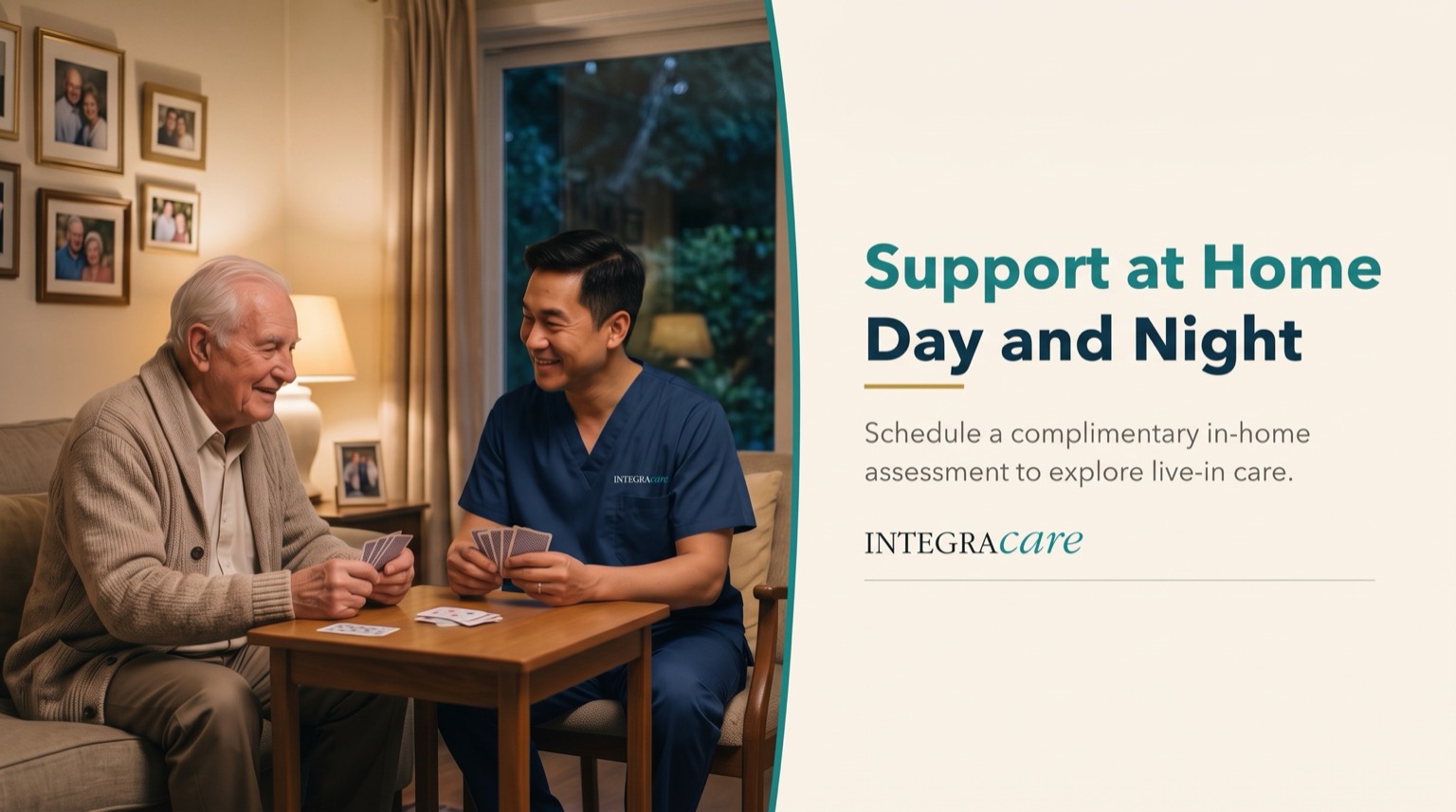 Senior man playing cards at a small wooden table with a smiling caregiver in his home in the evening