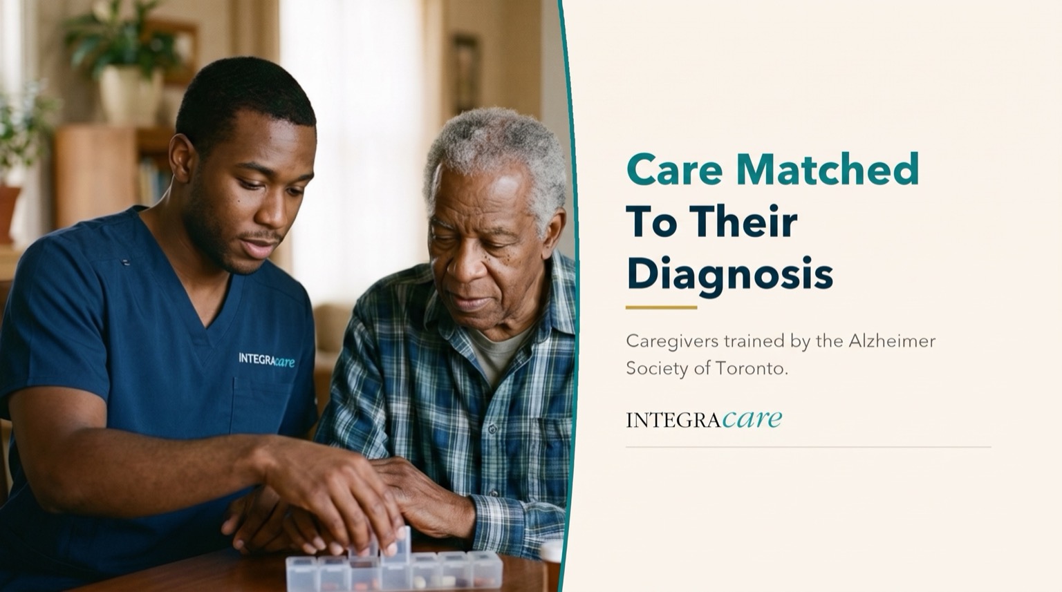 A caregiver helps a senior man sort his medications into a weekly pill organizer