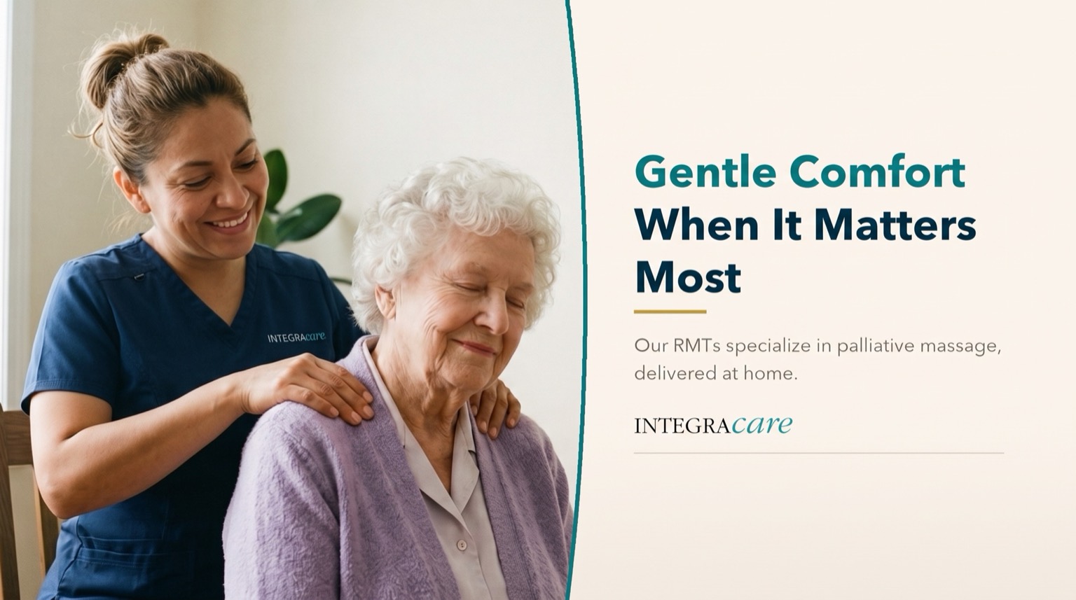 A smiling massage therapist gently massages the shoulders of a seated elderly woman in a lavender cardigan at home, beside the heading Gentle Comfort When It Matters Most