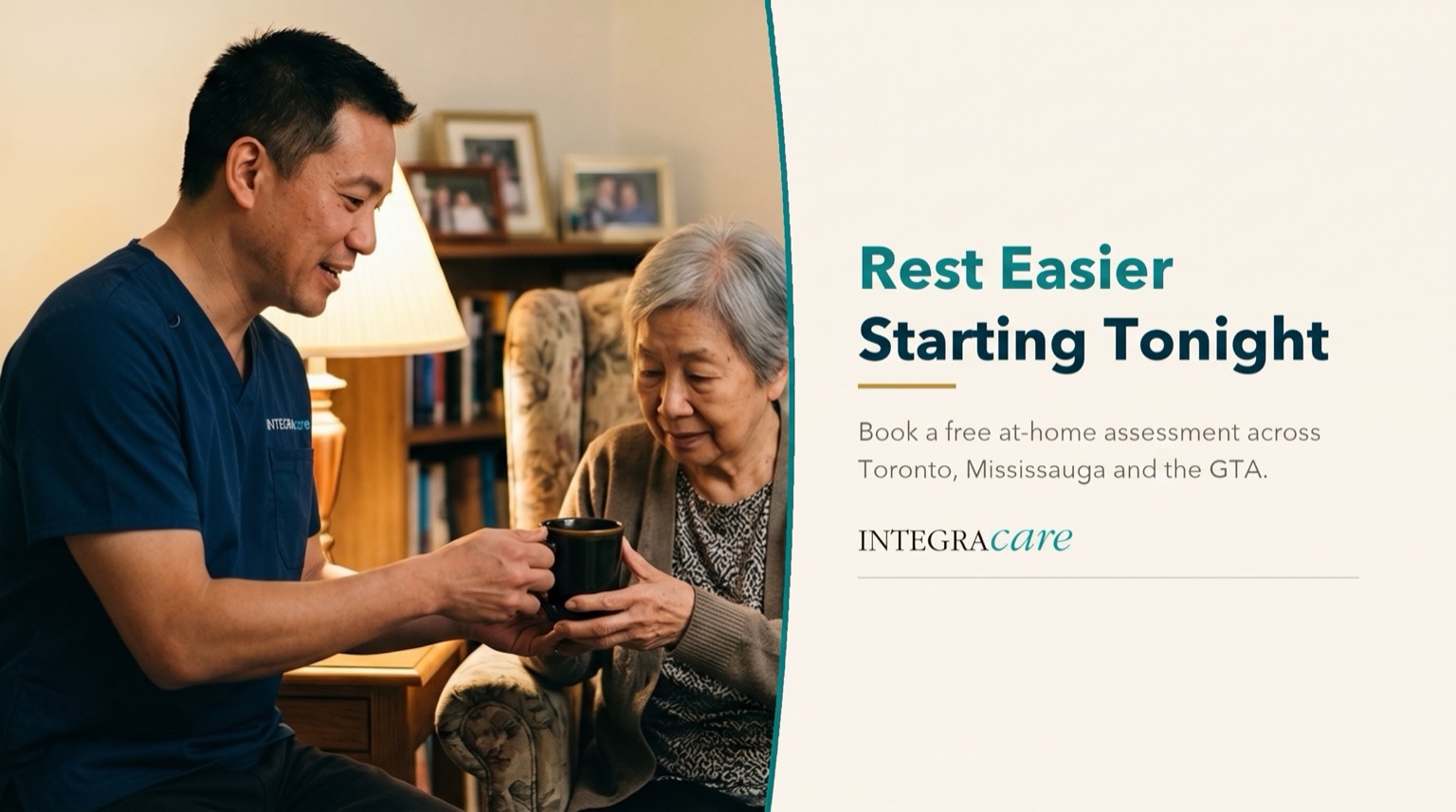 Adult son handing his mother a mug of tea in her armchair at home, beside an invitation to book a free at-home assessment across Toronto, Mississauga and the GTA