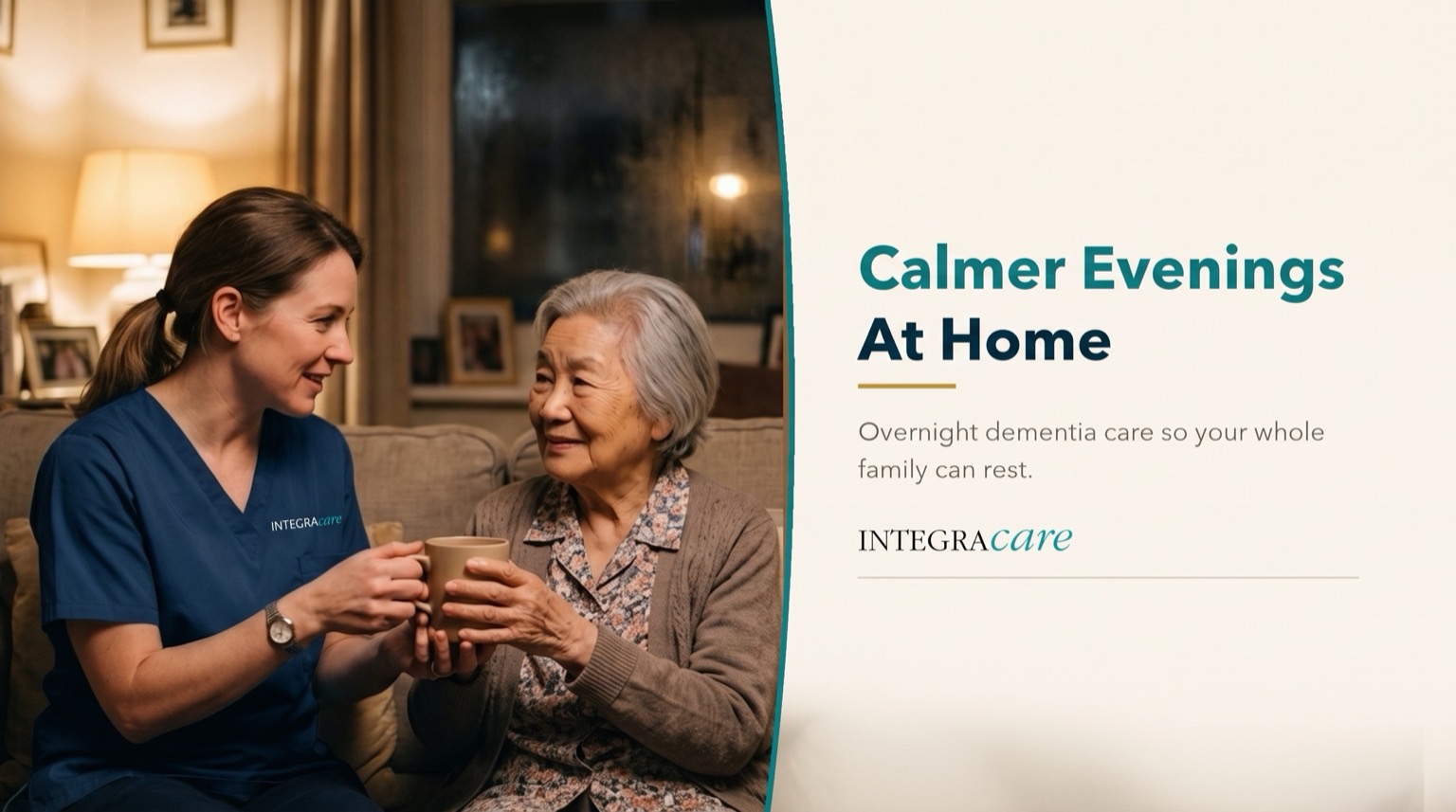 A caregiver shares a warm drink with a smiling senior woman in a softly lit living room