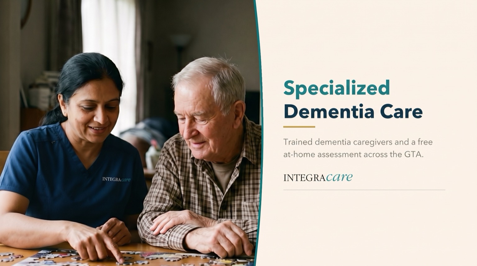 A caregiver and an older man work on a jigsaw puzzle together beside the heading Specialized Dementia Care with a note about trained dementia caregivers and a free at-home assessment across the GTA