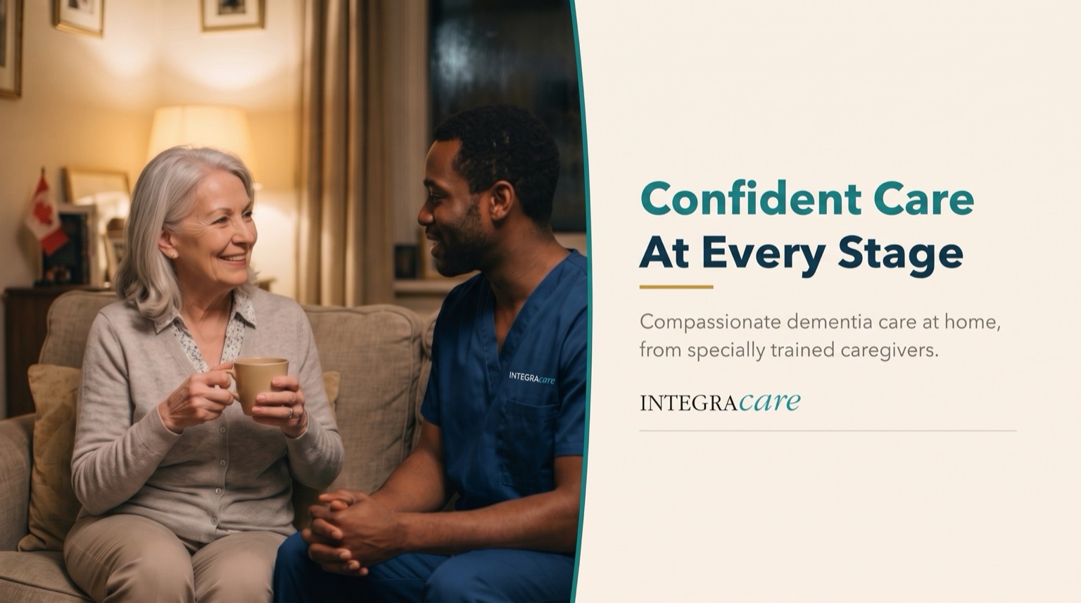 A senior woman holding a warm drink chats happily with a caregiver at home